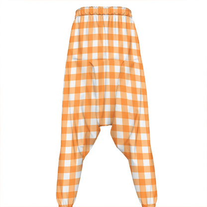 Orange And White Check Pattern Print Hammer Pants