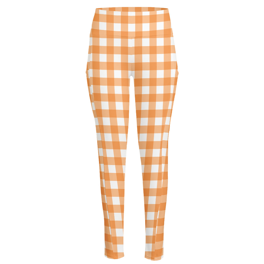 Orange And White Check Pattern Print High-Waisted Pocket Leggings
