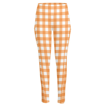 Orange And White Check Pattern Print High-Waisted Pocket Leggings