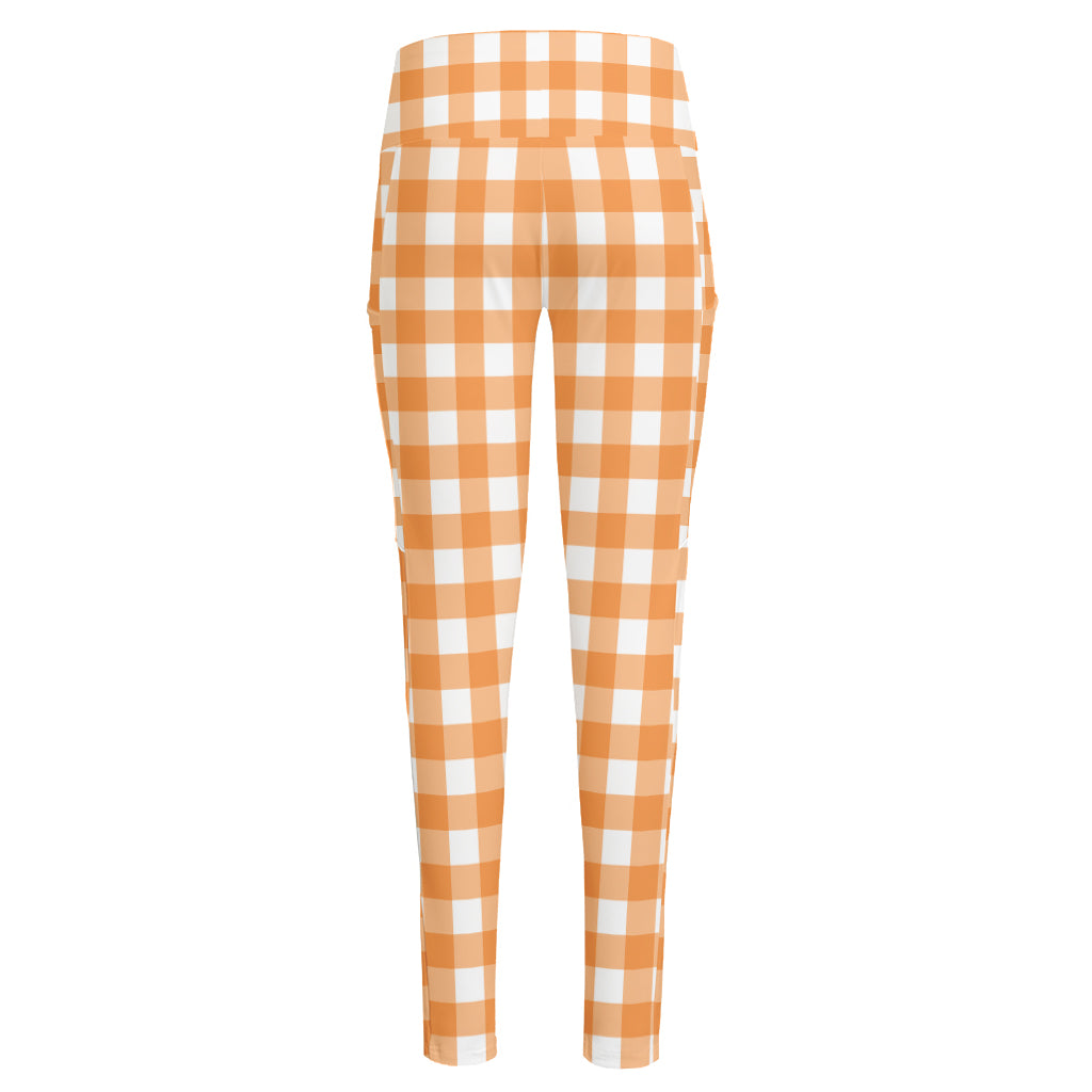 Orange And White Check Pattern Print High-Waisted Pocket Leggings