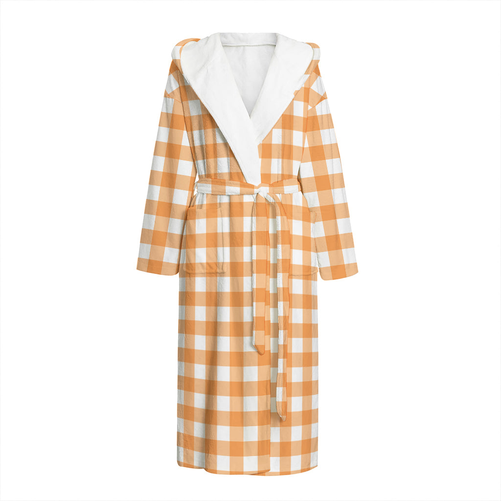 Orange And White Check Pattern Print Hooded Bathrobe