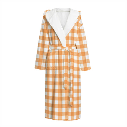 Orange And White Check Pattern Print Hooded Bathrobe