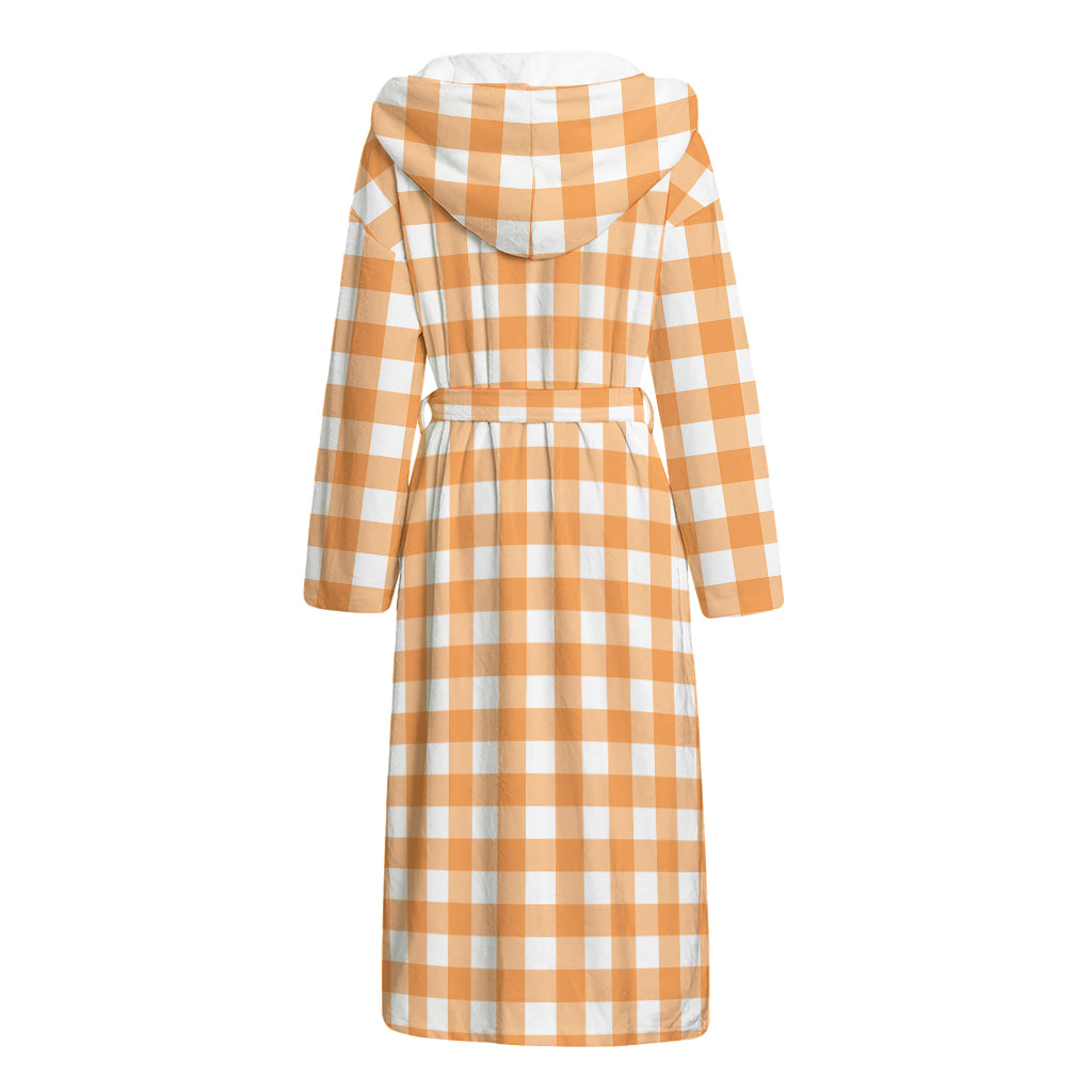 Orange And White Check Pattern Print Hooded Bathrobe