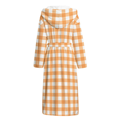 Orange And White Check Pattern Print Hooded Bathrobe