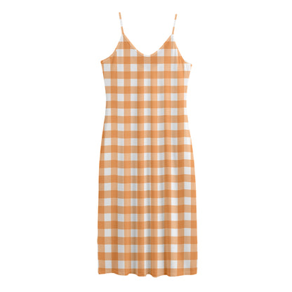Orange And White Check Pattern Print Jersey Midi Cami Dress