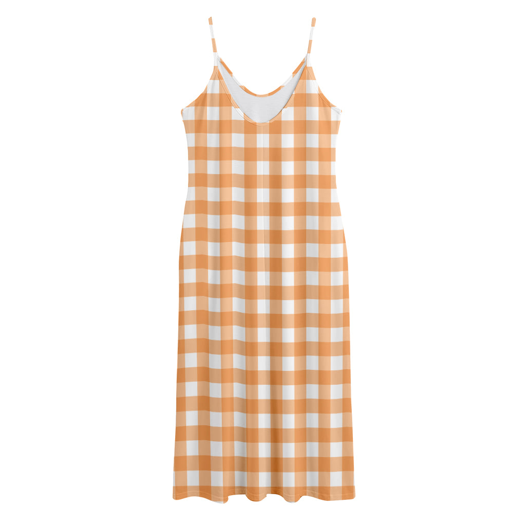 Orange And White Check Pattern Print Jersey Midi Cami Dress