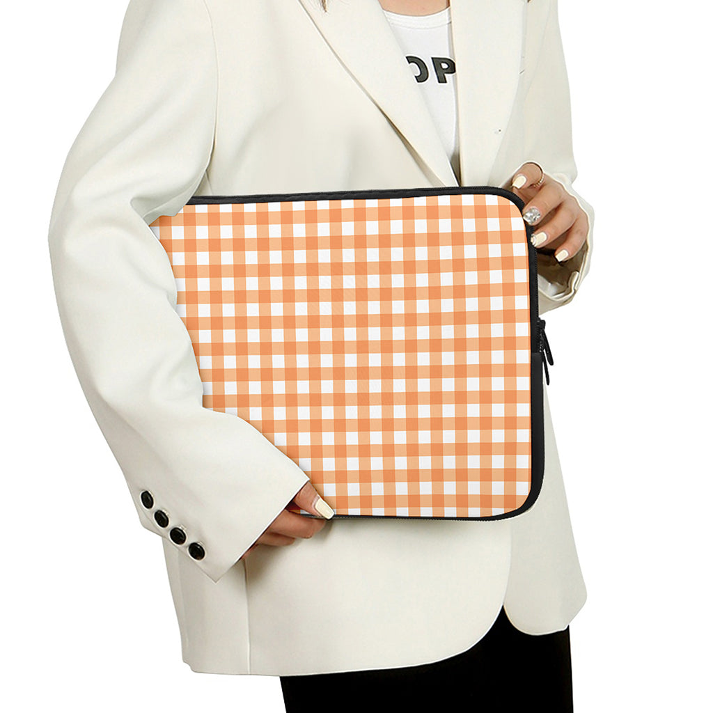 Orange And White Check Pattern Print Laptop Sleeve