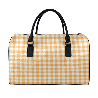Orange And White Check Pattern Print Leather Duffle Bag