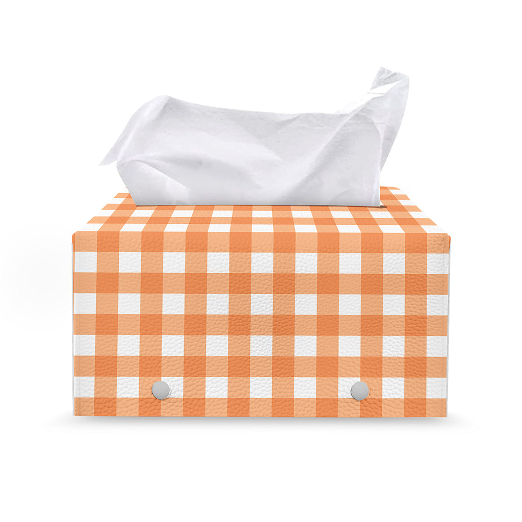 Orange And White Check Pattern Print Leather Tissue Box Cover