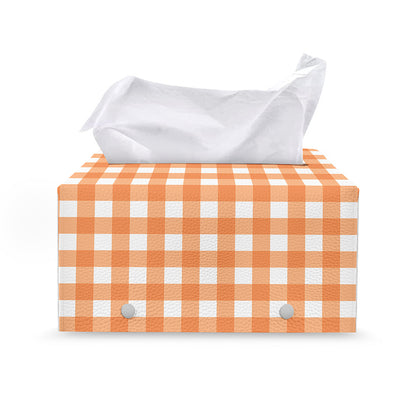 Orange And White Check Pattern Print Leather Tissue Box Cover