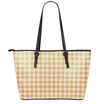 Orange And White Check Pattern Print Leather Tote Bag