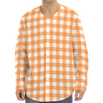 Orange And White Check Pattern Print Long Sleeve Baseball Jersey