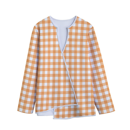 Orange And White Check Pattern Print Long Sleeve Short Coat