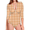 Orange And White Check Pattern Print Long Sleeve Swimsuit