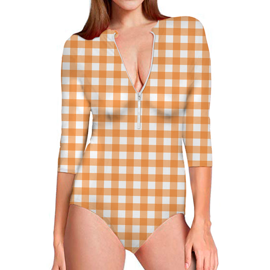 Orange And White Check Pattern Print Long Sleeve Swimsuit
