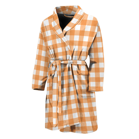 Orange And White Check Pattern Print Men's Bathrobe