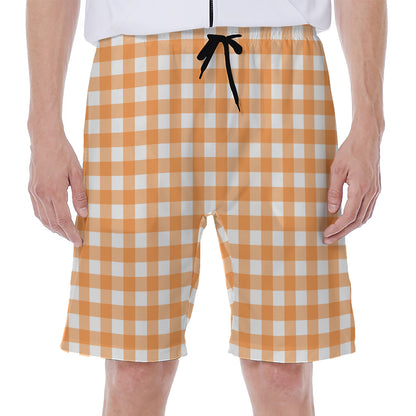 Orange And White Check Pattern Print Men's Beach Shorts