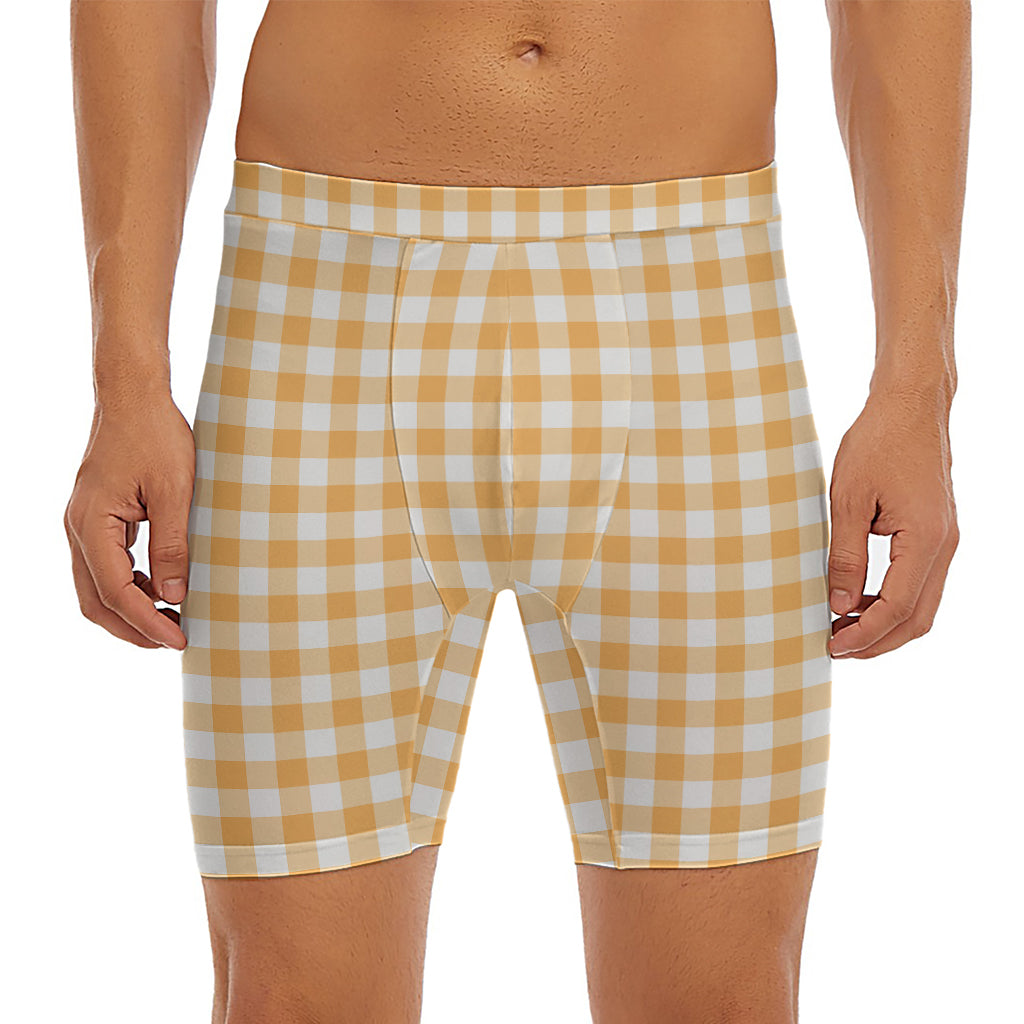 Orange And White Check Pattern Print Men's Long Boxer Briefs