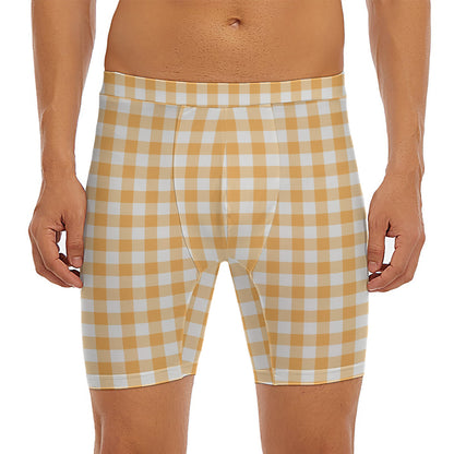 Orange And White Check Pattern Print Men's Long Boxer Briefs