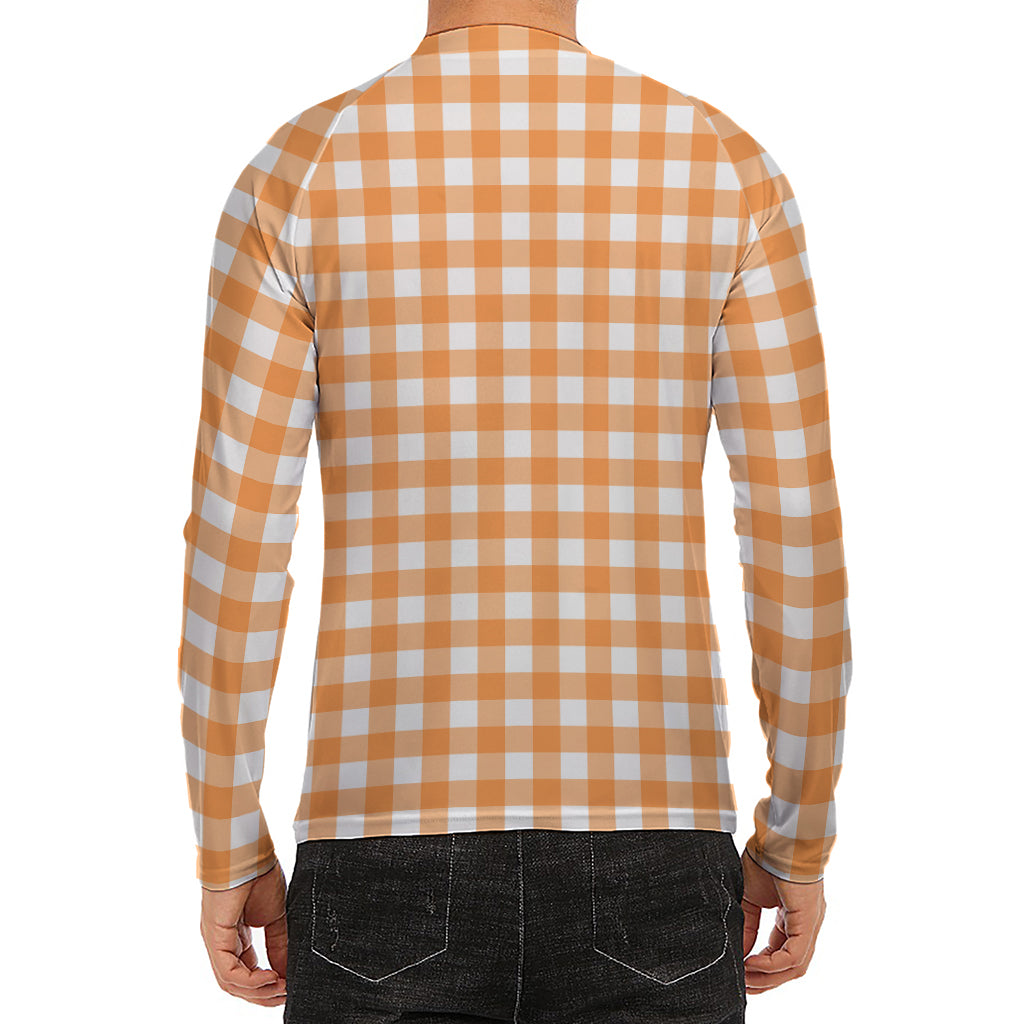 Orange And White Check Pattern Print Men's Long Sleeve Rash Guard