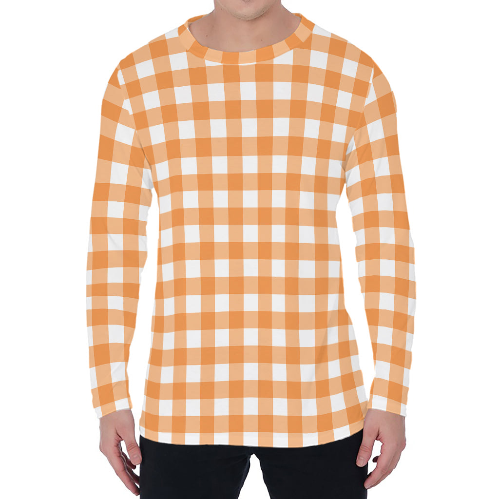 Orange And White Check Pattern Print Men's Long Sleeve T-Shirt