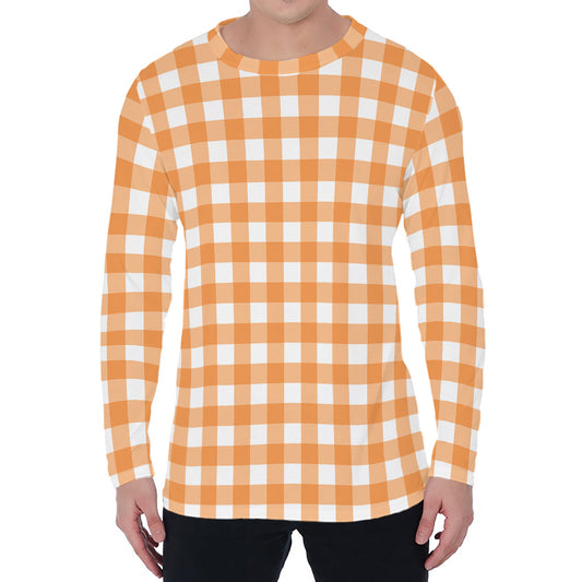 Orange And White Check Pattern Print Men's Long Sleeve T-Shirt
