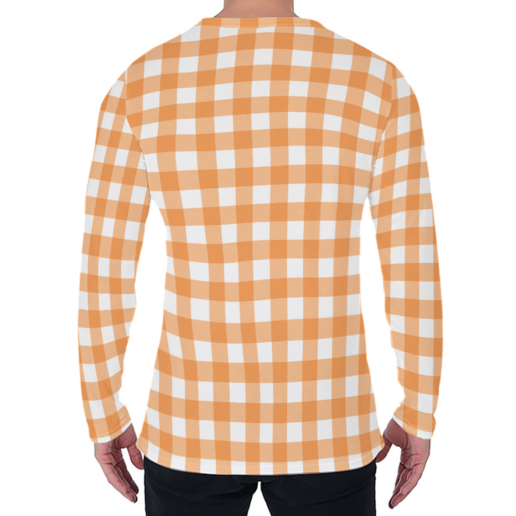 Orange And White Check Pattern Print Men's Long Sleeve T-Shirt