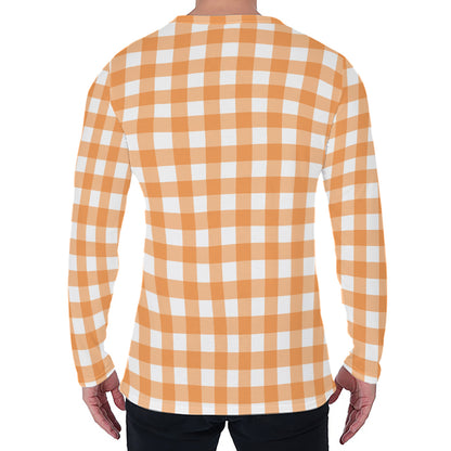Orange And White Check Pattern Print Men's Long Sleeve T-Shirt