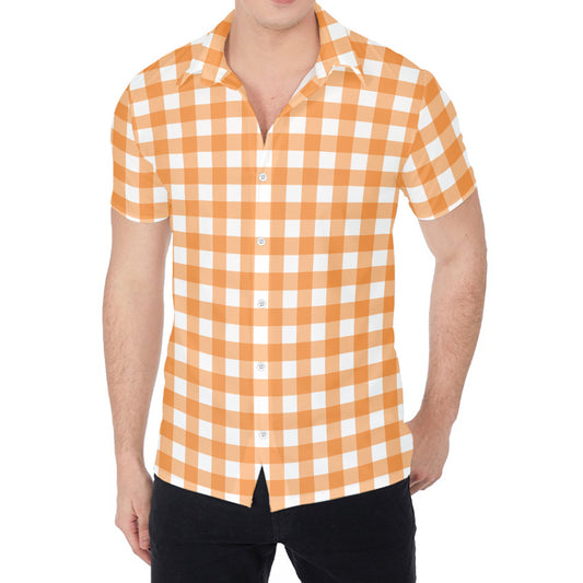 Orange And White Check Pattern Print Men's Shirt