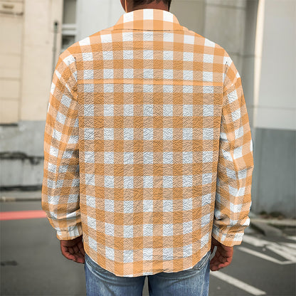 Orange And White Check Pattern Print Men's Shirt Jacket