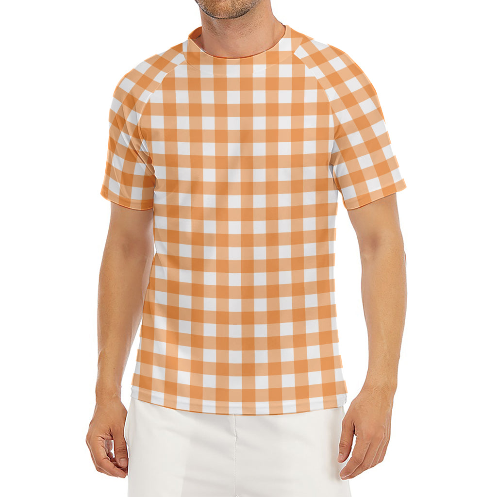 Orange And White Check Pattern Print Men's Short Sleeve Rash Guard