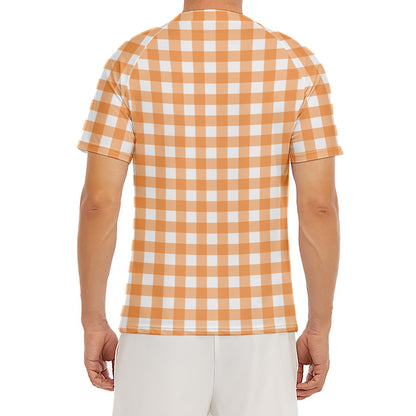 Orange And White Check Pattern Print Men's Short Sleeve Rash Guard