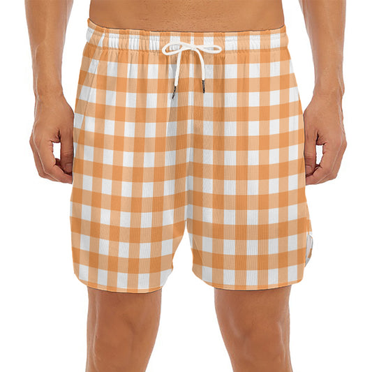 Orange And White Check Pattern Print Men's Split Running Shorts