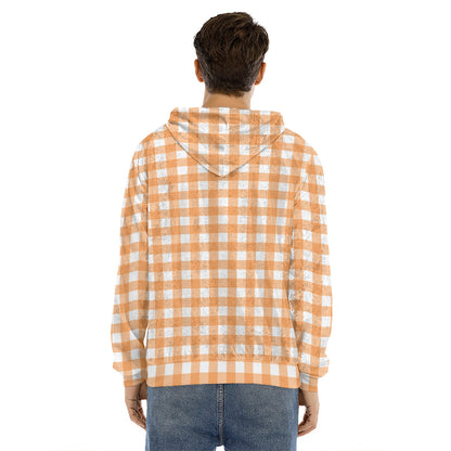 Orange And White Check Pattern Print Men's Velvet Pullover Hoodie