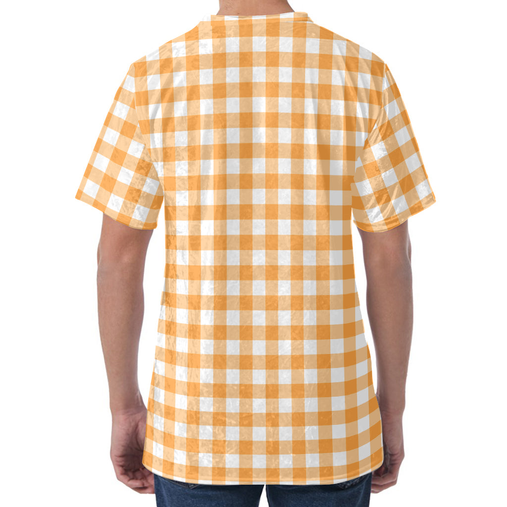 Orange And White Check Pattern Print Men's Velvet T-Shirt