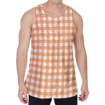 Orange And White Check Pattern Print Men's Velvet Tank Top