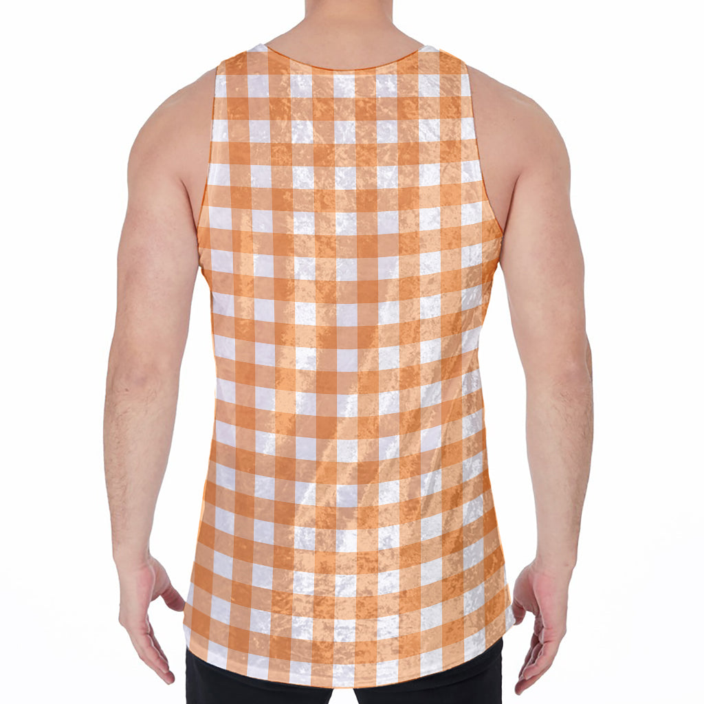 Orange And White Check Pattern Print Men's Velvet Tank Top