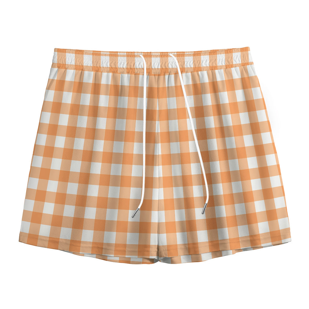 Orange And White Check Pattern Print Mesh Shorts