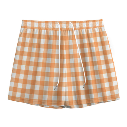 Orange And White Check Pattern Print Mesh Shorts