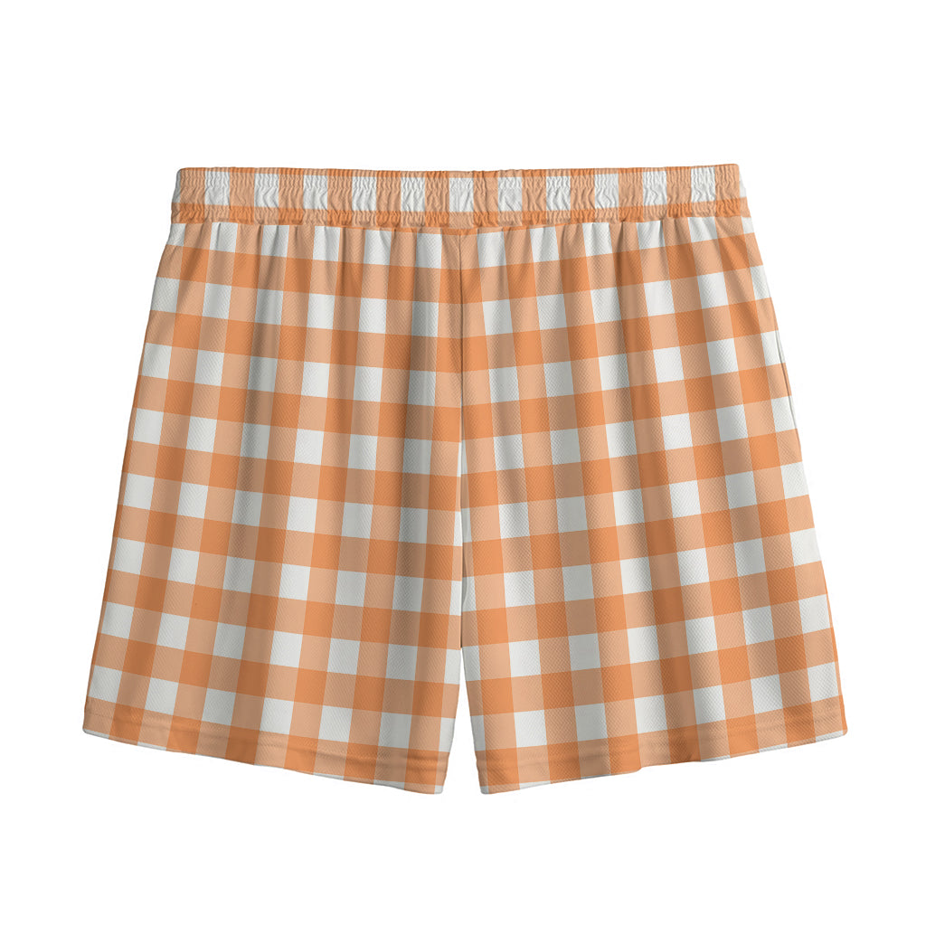 Orange And White Check Pattern Print Mesh Shorts