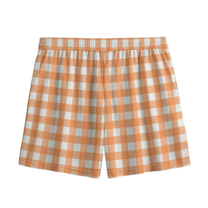 Orange And White Check Pattern Print Mesh Shorts