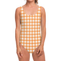 Orange And White Check Pattern Print One Piece Swimsuit