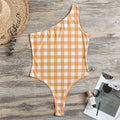 Orange And White Check Pattern Print One Shoulder Bodysuit