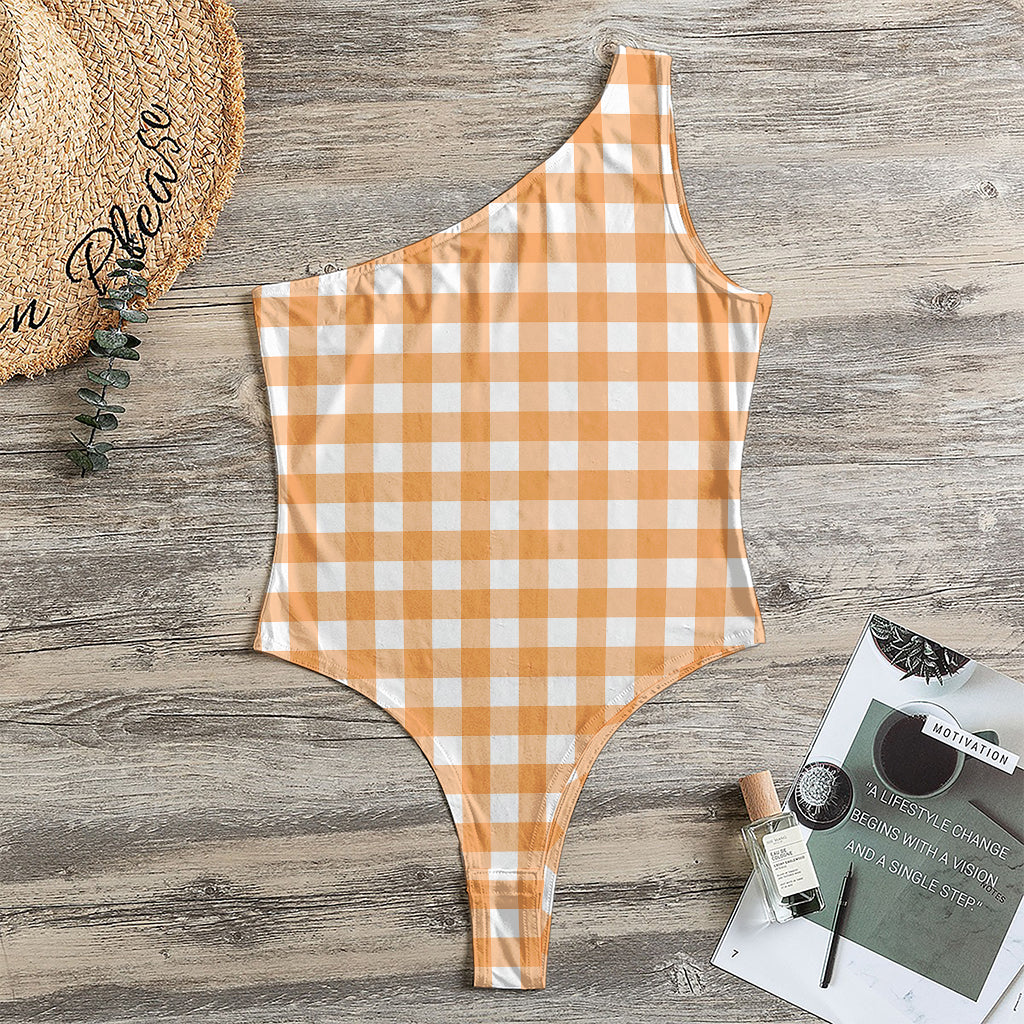 Orange And White Check Pattern Print One Shoulder Bodysuit
