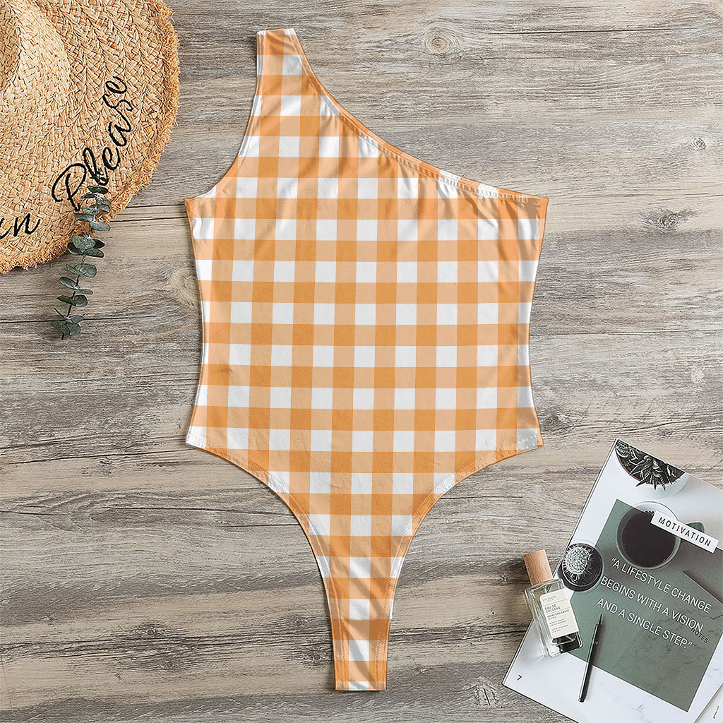 Orange And White Check Pattern Print One Shoulder Bodysuit
