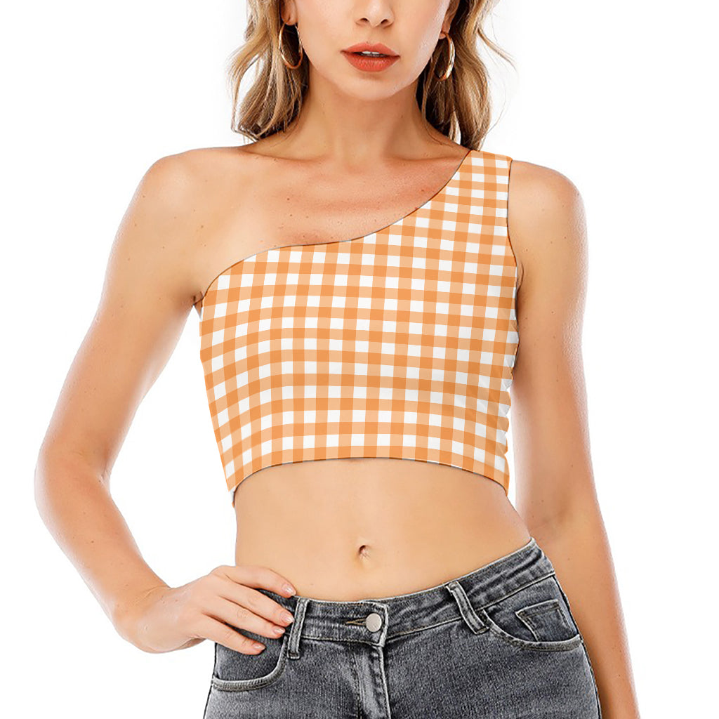Orange And White Check Pattern Print One Shoulder Crop Top