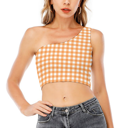 Orange And White Check Pattern Print One Shoulder Crop Top