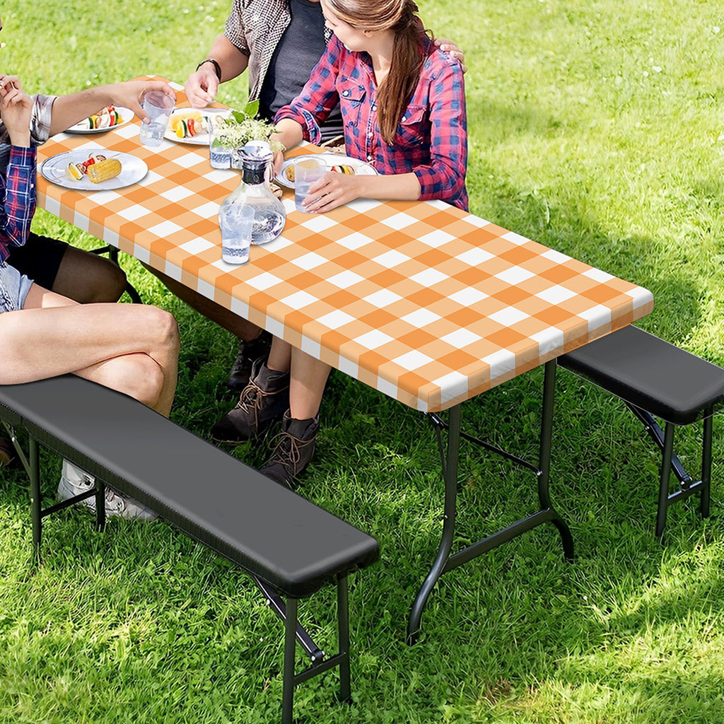 Orange And White Check Pattern Print Picnic Table Cover