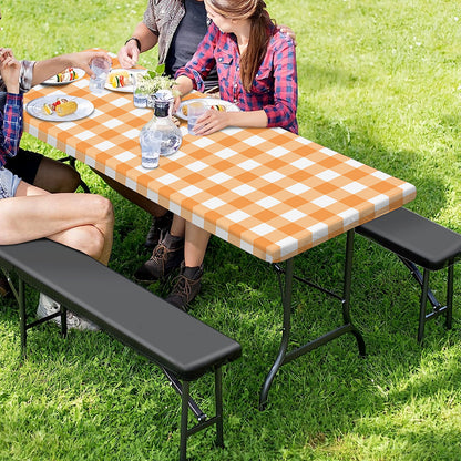 Orange And White Check Pattern Print Picnic Table Cover