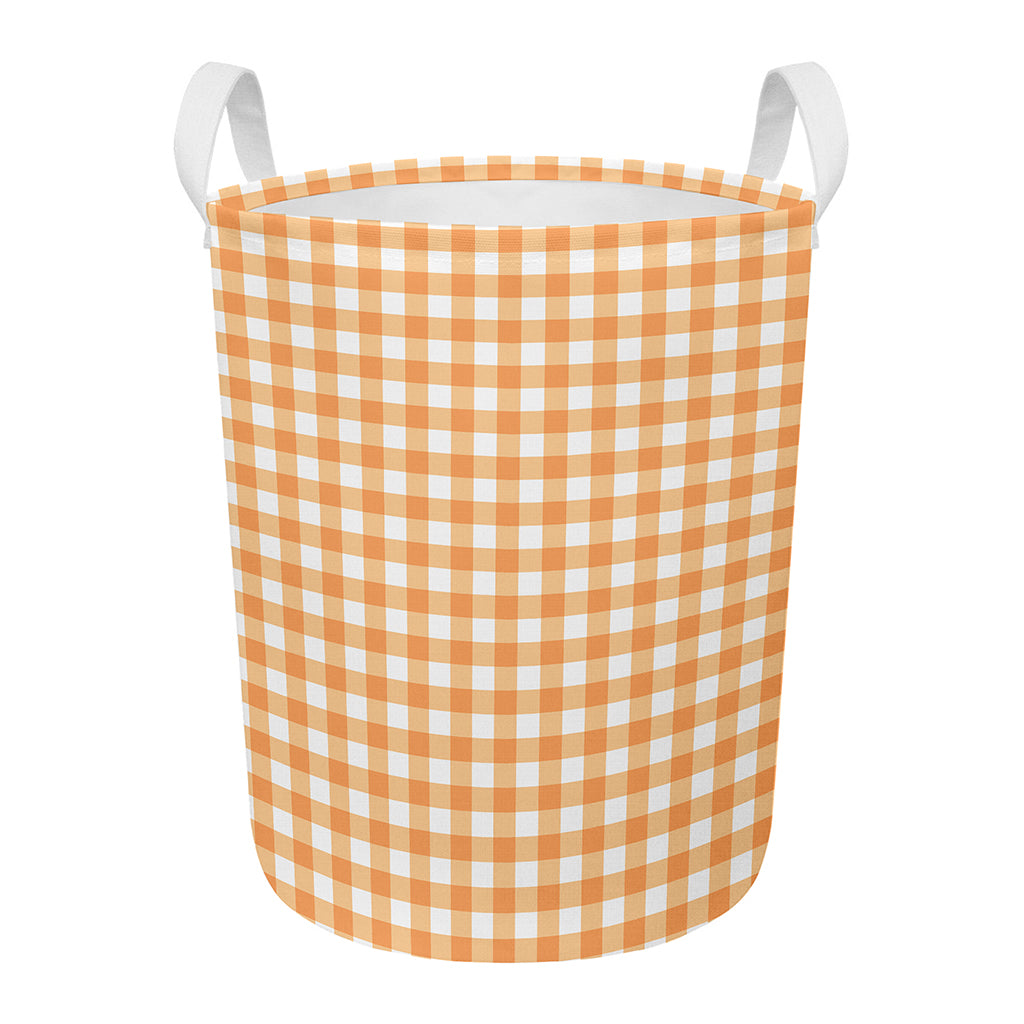 Orange And White Check Pattern Print Round Laundry Basket